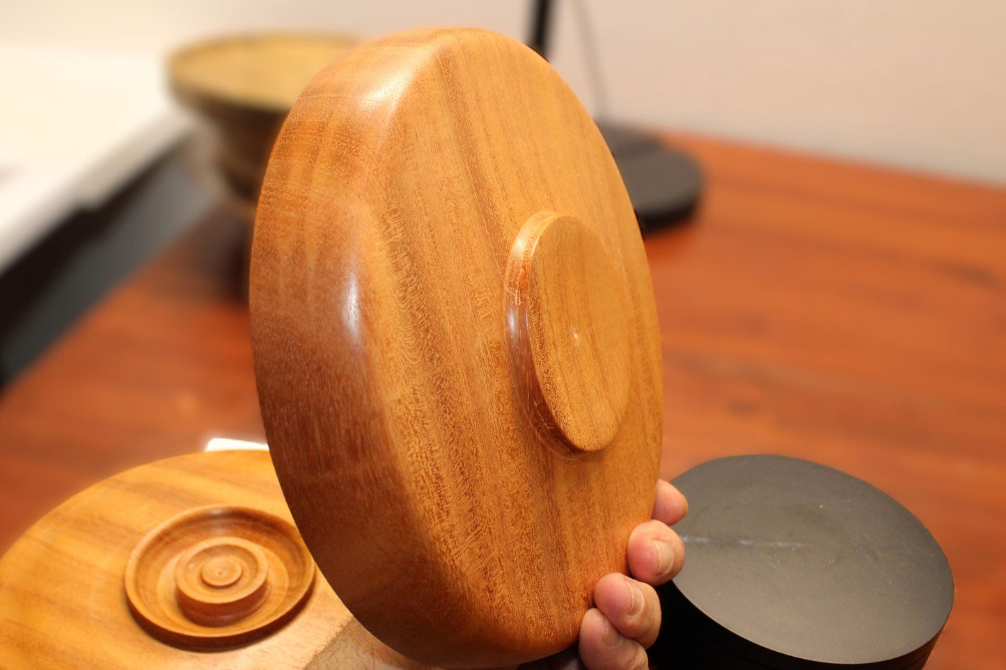 Solid mahogany lidded bowl - Wide and shallow mahogany lidded bowl, one piece pull.  Unique item with great potential in your home.