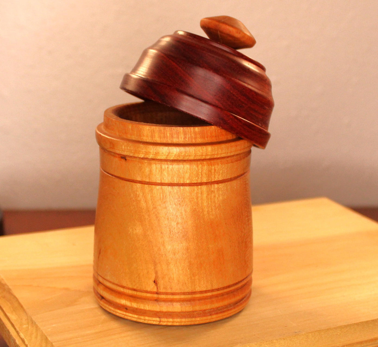 Cherry and Bloodwood Canister - Great for kitchen, bedroom, and bathroom storage.  Great gift idea or useful home decor addition.