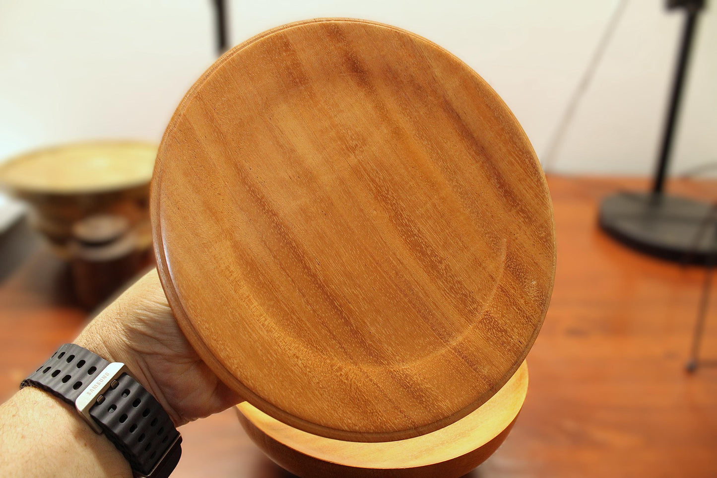 Solid mahogany lidded bowl - Wide and shallow mahogany lidded bowl, one piece pull.  Unique item with great potential in your home.