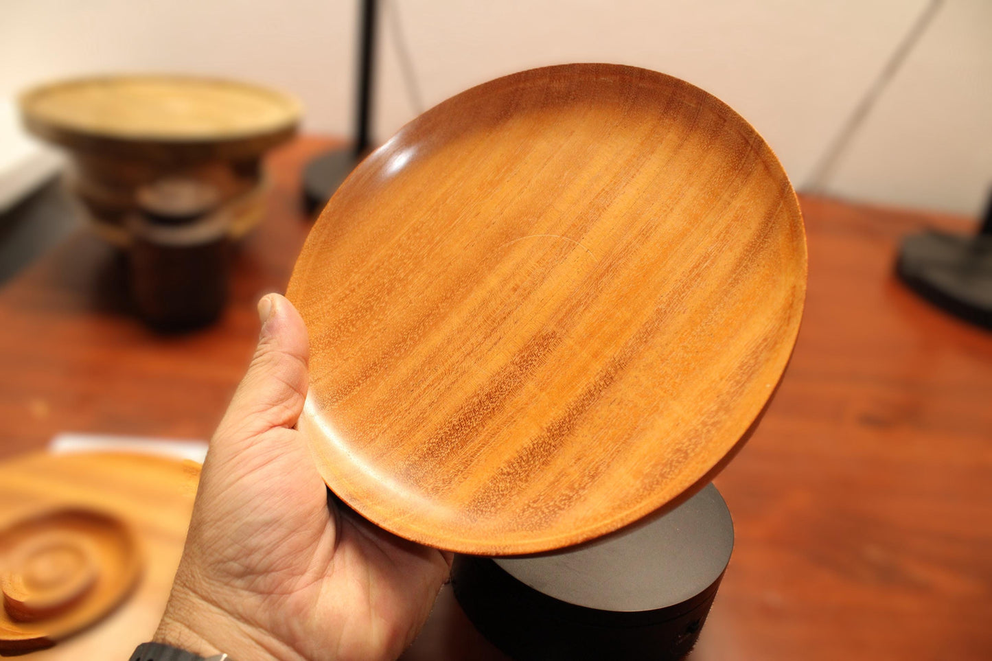 Solid mahogany lidded bowl - Wide and shallow mahogany lidded bowl, one piece pull.  Unique item with great potential in your home.