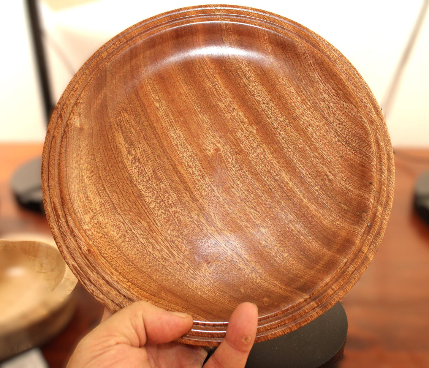 Hand turned sapele dish. Chatoyance throughout, one of a kind piece for home decor or gift