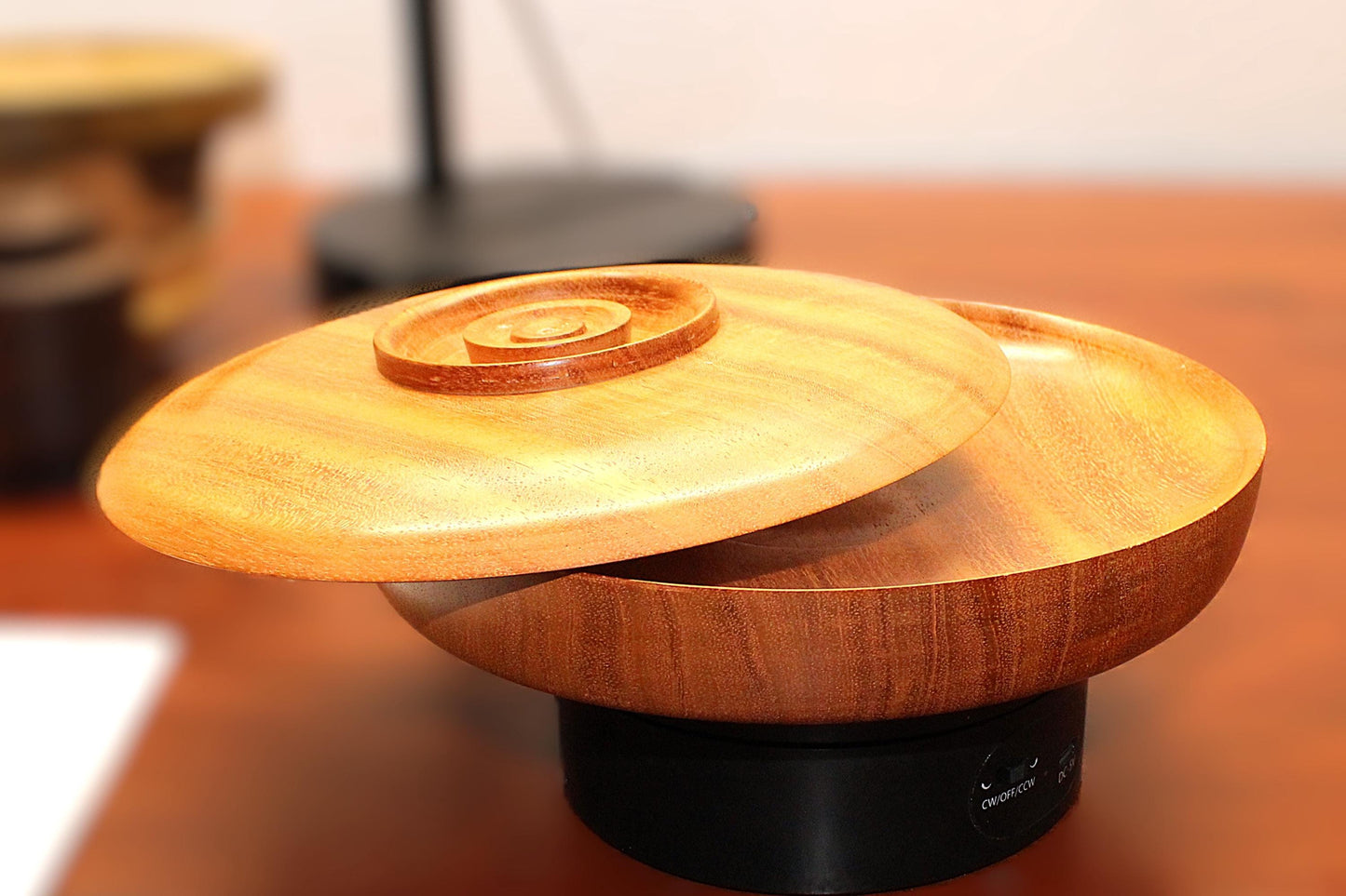 Solid mahogany lidded bowl - Wide and shallow mahogany lidded bowl, one piece pull.  Unique item with great potential in your home.