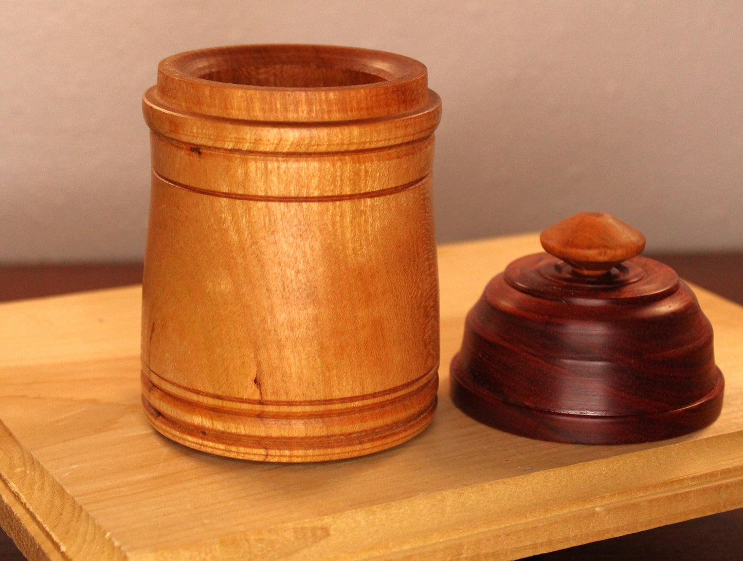 Cherry and Bloodwood Canister - Great for kitchen, bedroom, and bathroom storage.  Great gift idea or useful home decor addition.